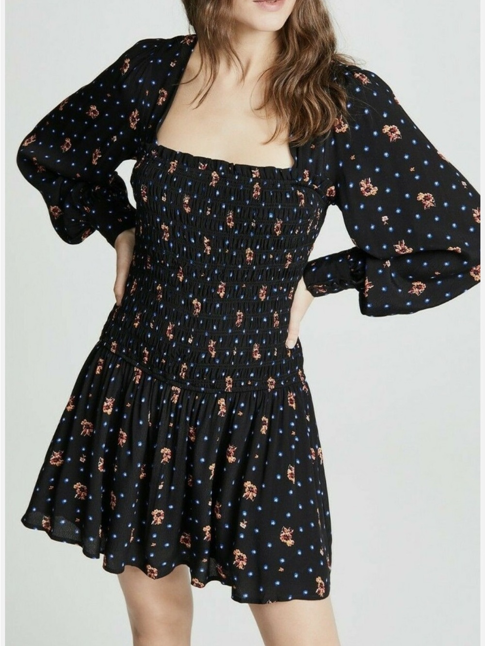 Free People Smocked Floral Celestial Star Black Long Sleeve XS